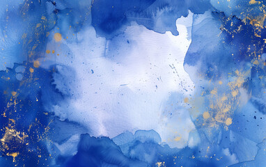 Blue and Abstract Golden Splashes Watercolor Background