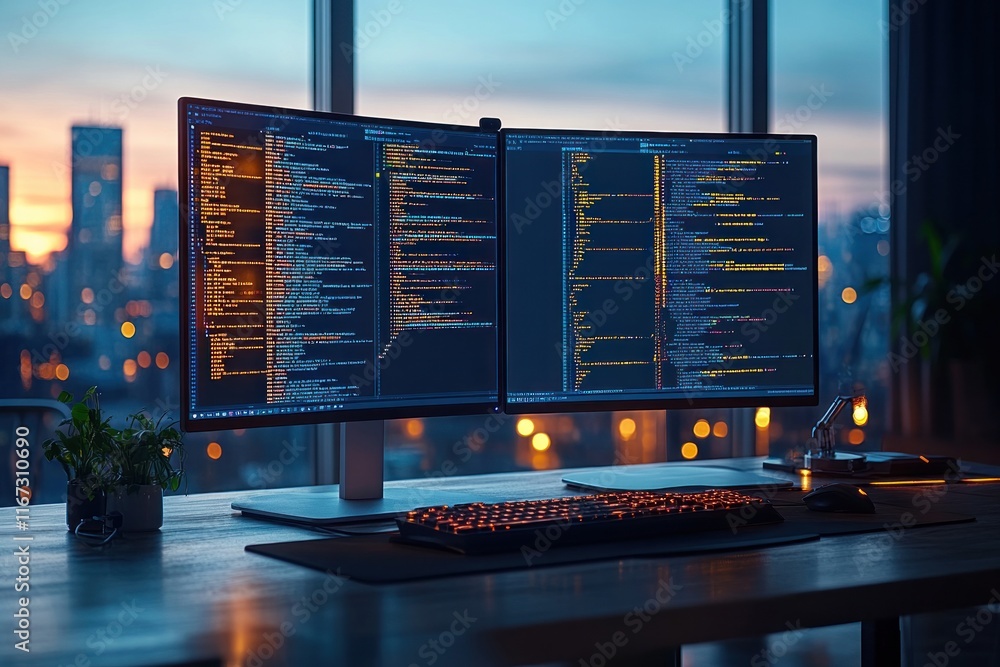 Aufkleber dual monitors displaying code at modern workspace
