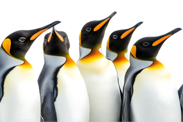 A group of five penguins standing closely together, showcasing their unique features.