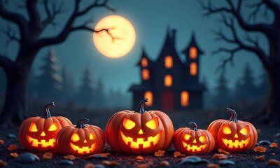 Spooky Halloween night with pumpkins under the full moon, Generative Ai