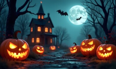 Spooky Halloween night with pumpkins, bats, and a full moon in the dark sky, Generative Ai