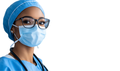 A healthcare professional wearing a mask and glasses, ready for duty.