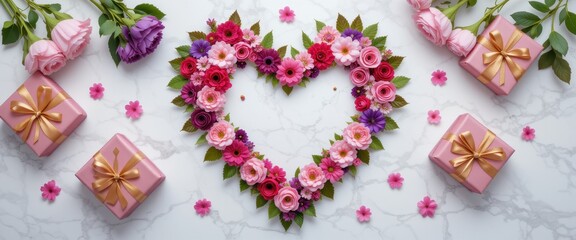 Heart-shaped arrangement of colorful flowers and gift boxes, a vibrant and festive design, great for Valentine's Day or joyful projects with a space for text.