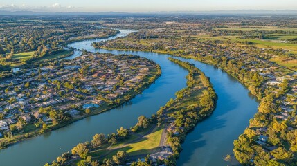 Fototapeta premium Aerial view of a winding river through a green landscape and residential area.