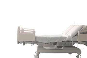 A hospital bed with white linens, designed for patient care and recovery.