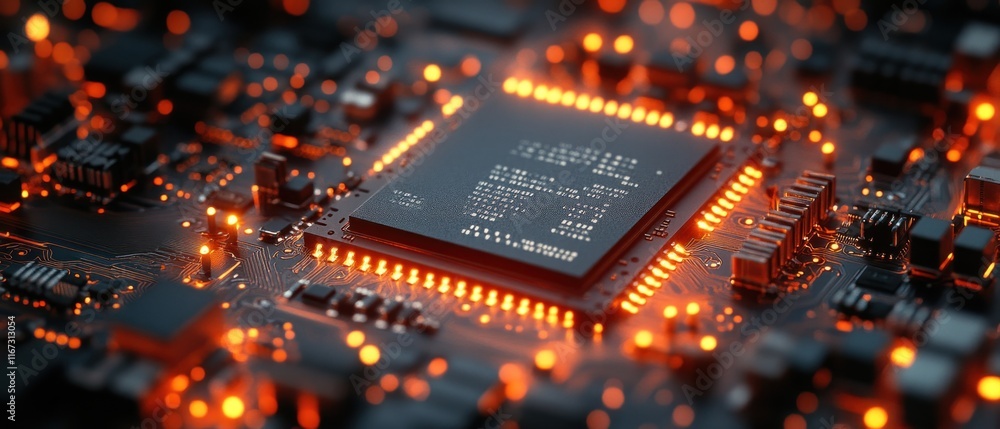 Poster closeup of glowing microchip on circuit board
