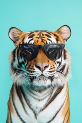 Tiger Wearing Sunglasses Against Bright Blue Background