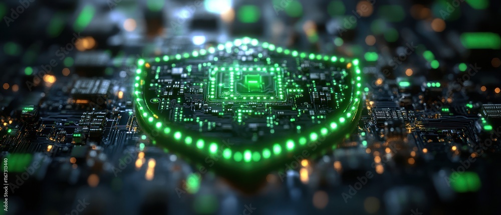 Poster digital shield symbolizing cybersecurity on circuit board