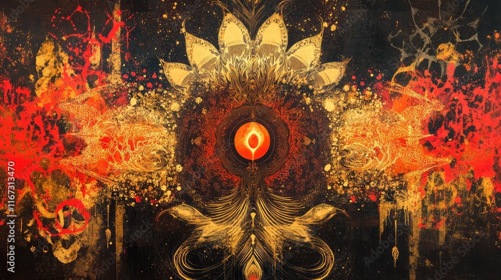 Poster abstract art depicting nuwa creating life, with glowing gold and red patterns symbolizing creation a