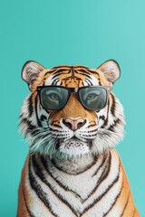 Stylish Tiger Wearing Sunglasses Against Bright Teal Background