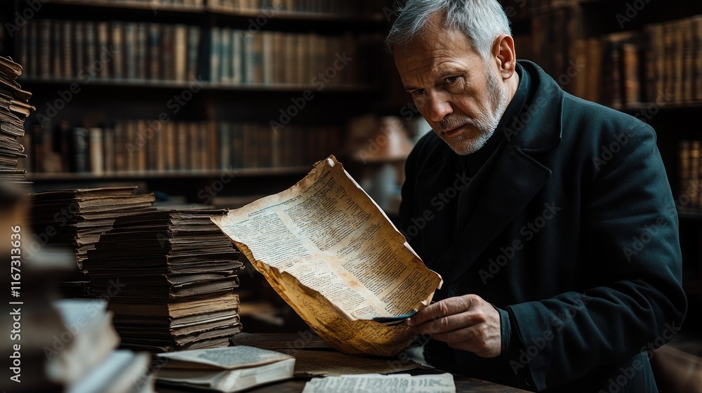 Poster man examining an ancient book in library
