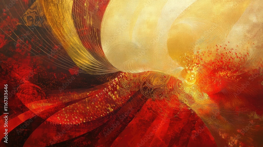 Poster abstract art depicting nuwa creating life, with glowing gold and red patterns symbolizing creation a