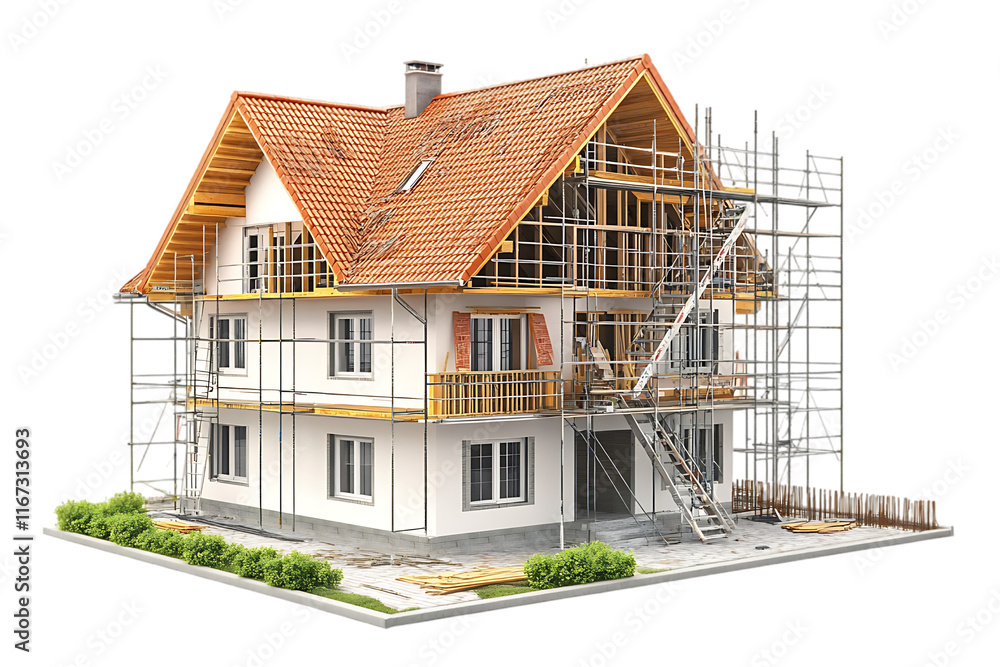 Poster a house under construction with scaffolding and renovation work in progress.
