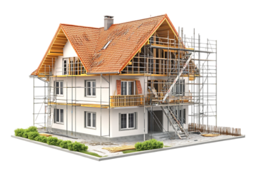 A house under construction with scaffolding and renovation work in progress.