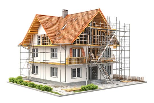 A house under construction with scaffolding and renovation work in progress.