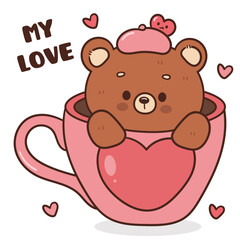 teddy bear with heart in coffee mug kawaii animal valentines card