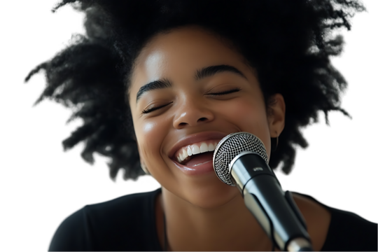 A joyful woman singing into a microphone, showcasing her passion for music.