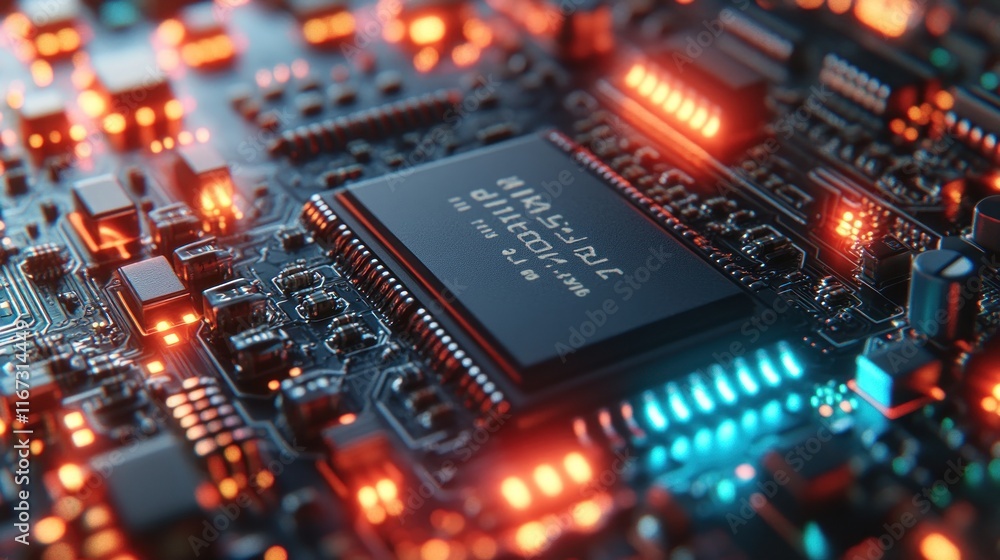 Poster closeup of circuit board with glowing components