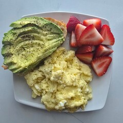 Healthy breakfast with avocado toast on sourdough and eggs