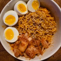 Korean ramen with boiled eggs and kimchi