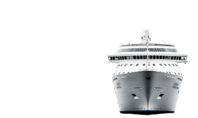 A large cruise ship viewed from the front, showcasing its design and structure.