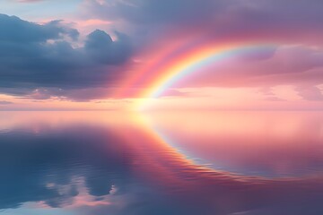 Fototapeta premium A serene landscape featuring a vibrant rainbow over a calm ocean at sunset.