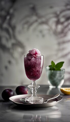Refreshing summer dessert featuring plums and lemons with ice garnished with mint leaves, set against a vibrant and sunny backdrop.

