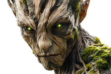 A humanoid figure with tree-like features and glowing green eyes.