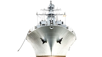 A large naval ship viewed from the front, showcasing its structure and purpose.