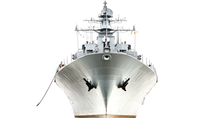 A large naval ship viewed from the front, showcasing its structure and purpose.