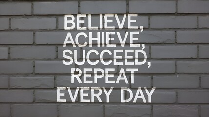 Obraz premium Motivational 'Believe, Achieve, Succeed, Repeat' quote with bridge background, perfect for inspiration, success, perseverance, and goal-setting