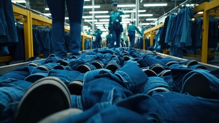 Blue Jeans Factory Conveyor Belt: Denim Production Line