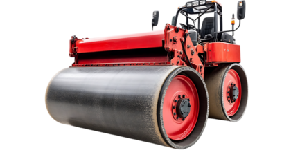 A large red and black road roller used for compacting surfaces in construction.