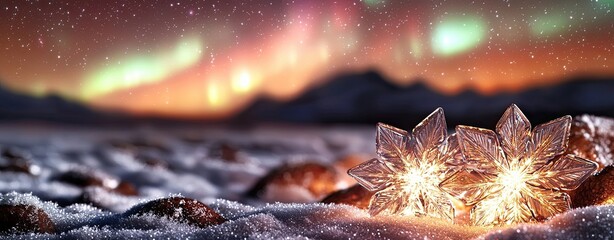 Stunning Views of the Aurora Borealis in Clear Starry Skies, a macro photography close-up of icy snowflakes glowing faintly under soft auroral colors, with the distant stars blurred in the background