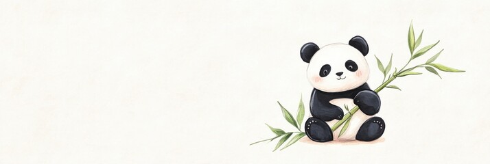 Obraz premium Adorable panda cub sitting with bamboo on minimalistic background