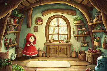 A cozy, whimsical interior featuring a girl in a red hood, surrounded by various jars and plants.