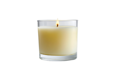 A lit candle in a glass holder, creating a warm and calming ambiance.
