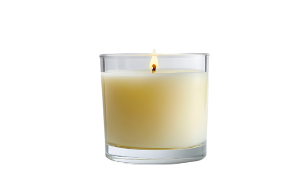 A lit candle in a glass holder, creating a warm and calming ambiance.