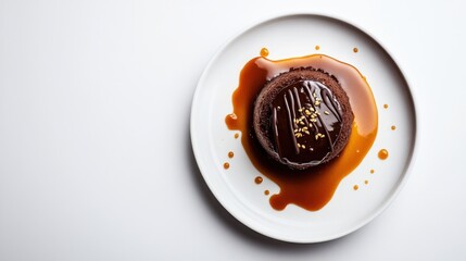 Aerial view of chocolate dessert with caramel sauce on white background