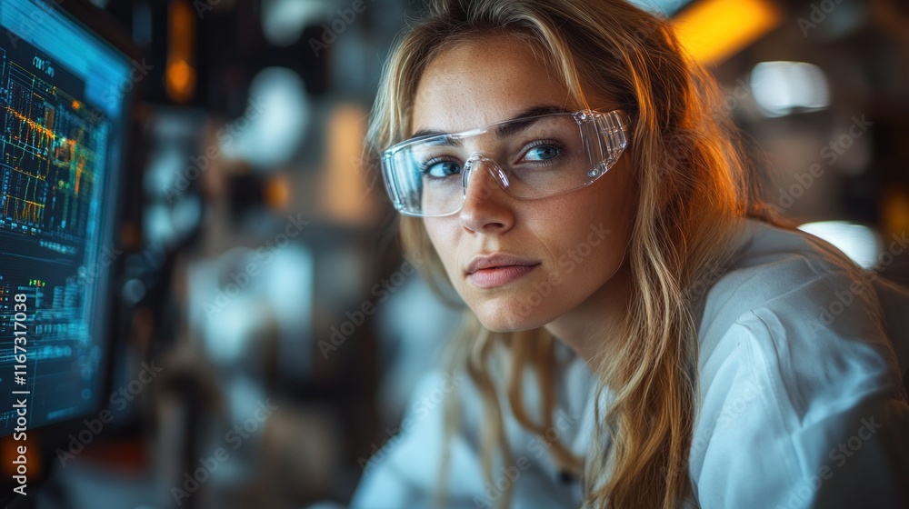 Poster scientist focused on data analysis in lab setting