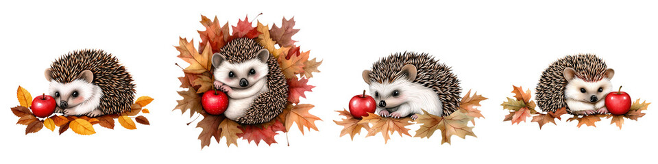 Cute and Whimsical Hedgehogs Surrounded by Autumn Leaves and Red Apples, Perfect for Fall-Themed and Children's Books