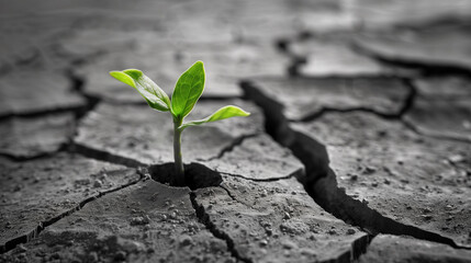 Green Sprout Emerging from Cracked Soil
