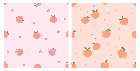 Seamless pattern of heart shape peach fruit with green leaves on pink and orange backgrounds vector.