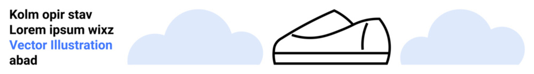 Minimalist sneaker outline between two blue clouds and lorem ipsum text. Ideal for fashion brands, shoe stores, marketing, modern design, web banners, online ads, branding. Landing page