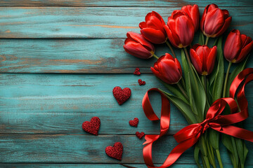 A bouquet of red tulips sits on a wooden table with a red heard-shape and ribbons. 