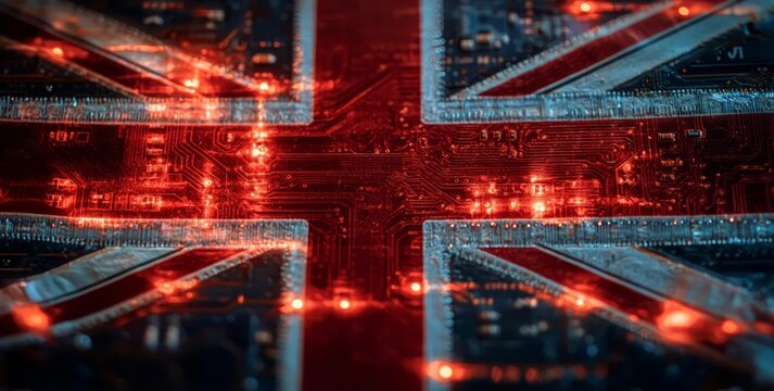 Union jack flag wit abstract pattern with microchips.