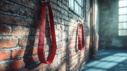 A brick wall with red straps hanging from it