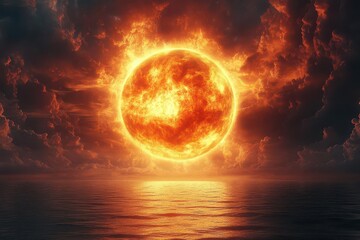 fiery celestial sphere radiating energy tendrils over a tranquil sea blending cosmic elements with oceanic beauty creating a surreal and captivating atmosphere filled with vibrant colors