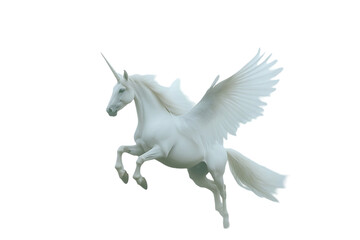 Naklejka premium A majestic white unicorn with wings, depicted in mid-flight.