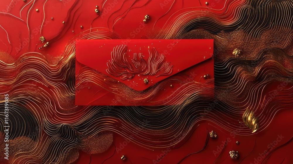 Poster abstract artistic red envelope with layered shapes and intricate golden lines, creating a festive ma